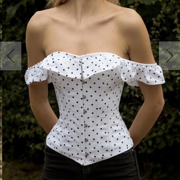 Polka dot off the shoulder corset top with lace up back - Picture 2 of 6